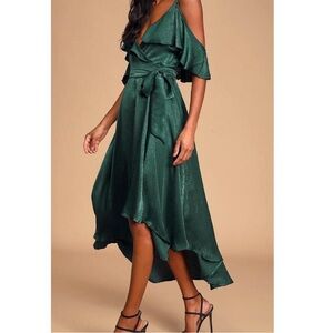 NWT Lulu's Layla Forest Green Off-the-Shoulder Wrap Dress | Large